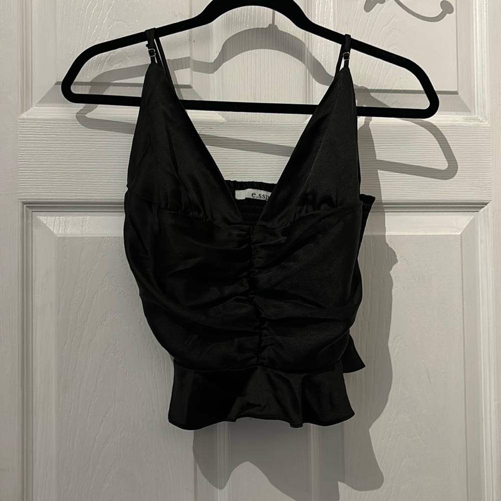 Black satin crop tank with ruching and adjustable straps‎